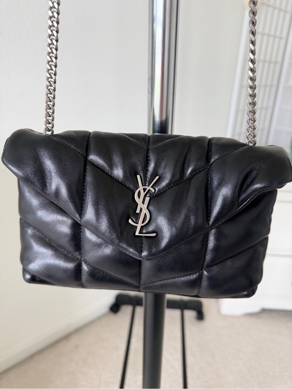 Saint Laurent Black Quilted Loulou Puffer Shoulder Bag with Silver Logo